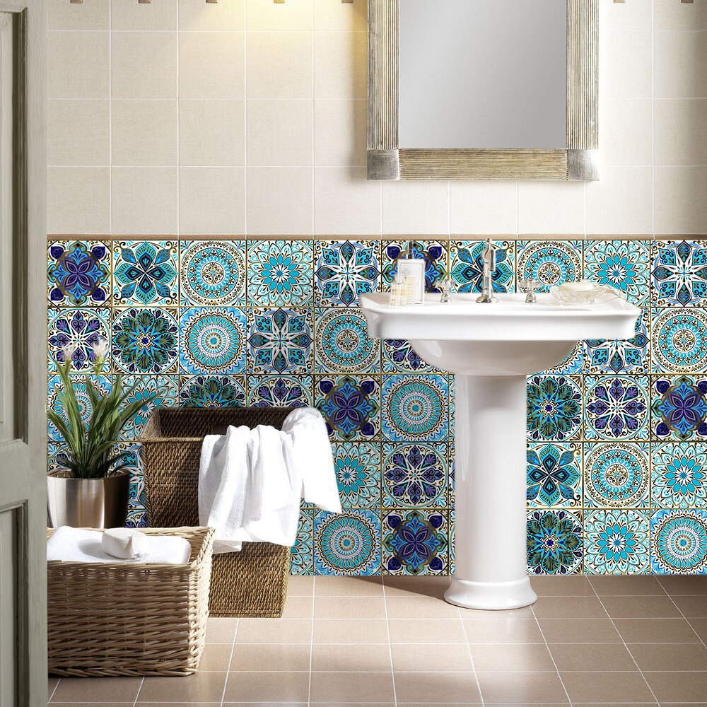 Blau Mandala Streifen Fliesen Aufkleber Küche bad boden dekoration tapete Wasserdicht self-adhesive hause renovierung aufkleber