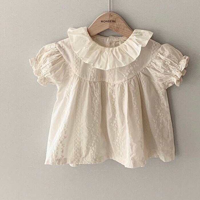 Chemise à manches bouffantes en coton pour -né fille, hauts d'été à la avec col en feuille de Lotus,: 42512543435-A / 24M