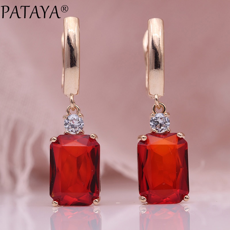 PATAYA Square Dark Blue Long Earrings Women Wedding Jewelry 585 Rose Gold Hollow Multicolor Natural Zircon Dangle Earrings