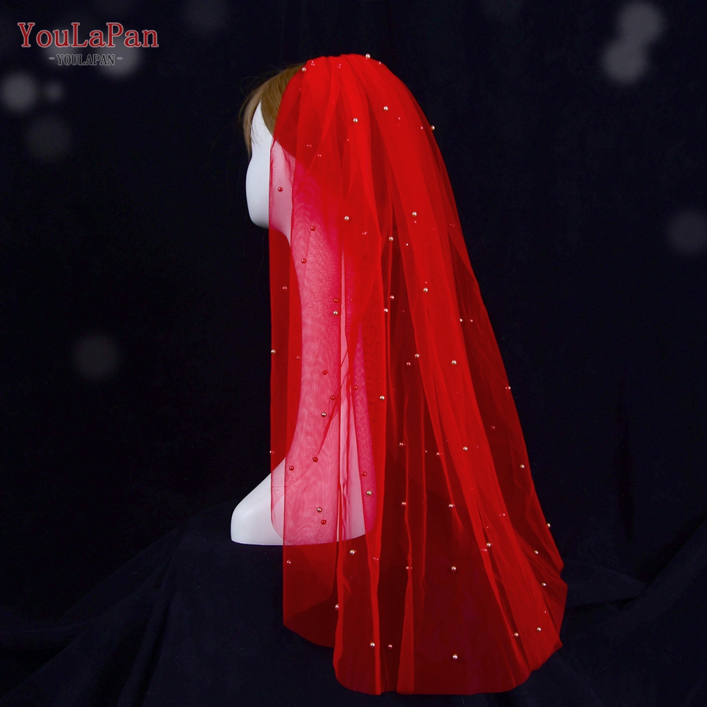 YouLaPan V89 Bridal Veil Red Coloured Bridal Veil Indian Bridal Red Veil with Pearl Cathedral Veil Wedding Baroque Bridal Veil