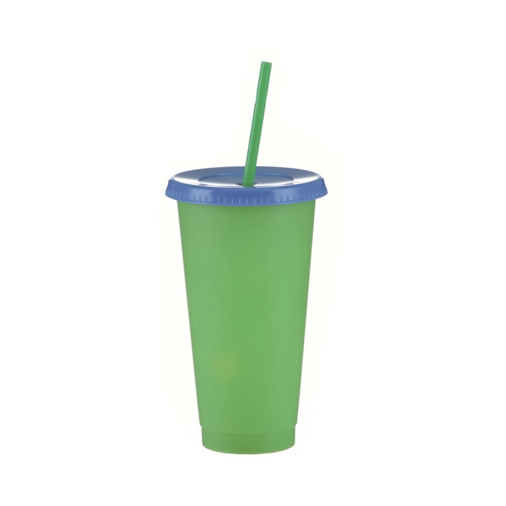 Farveændrende kolde drikke kopper genanvendelig temperaturfølsom plastik farverig kaffekop med låg og sugerør: Grøn