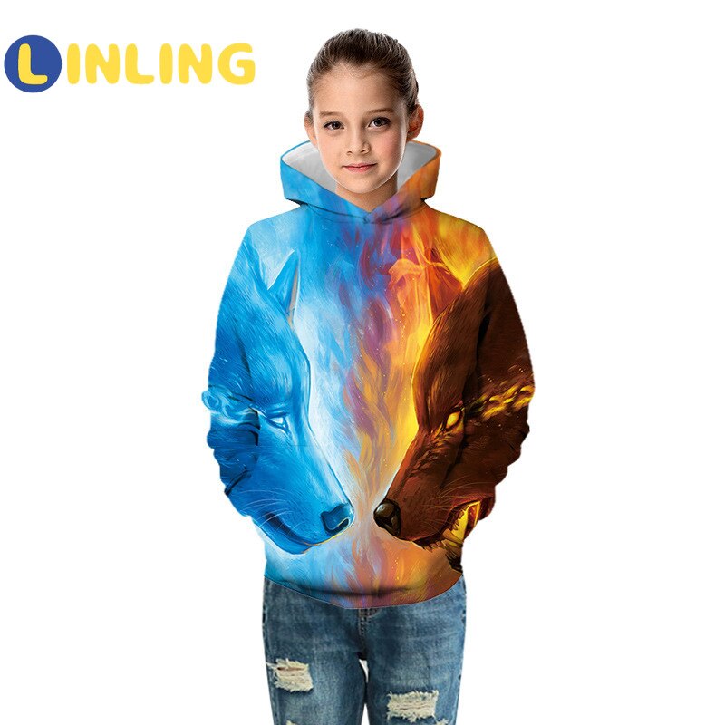 Linling lente- en herfsthoodies voor jongens 3d digitaal bedrukte wolf casual kinderjas polyester jongensjas kinderkleding  p527