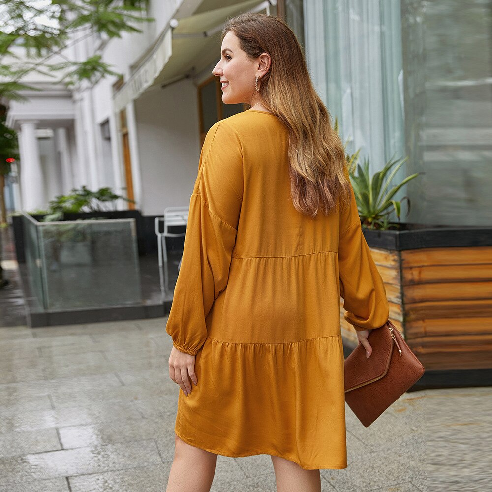 Mode Vrouwen Zomer Lange Mouw Jurk Plus Size Vrouwelijke V-hals Ruches Strand Jurk Losse Oversized Midi Jurken