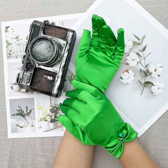 Women's Summer Thin Short Satin Elastic Etiquette Dress Gloves Pearl Lace Bow UV Sunscreen Cycling Driving Mittens K69: Greem