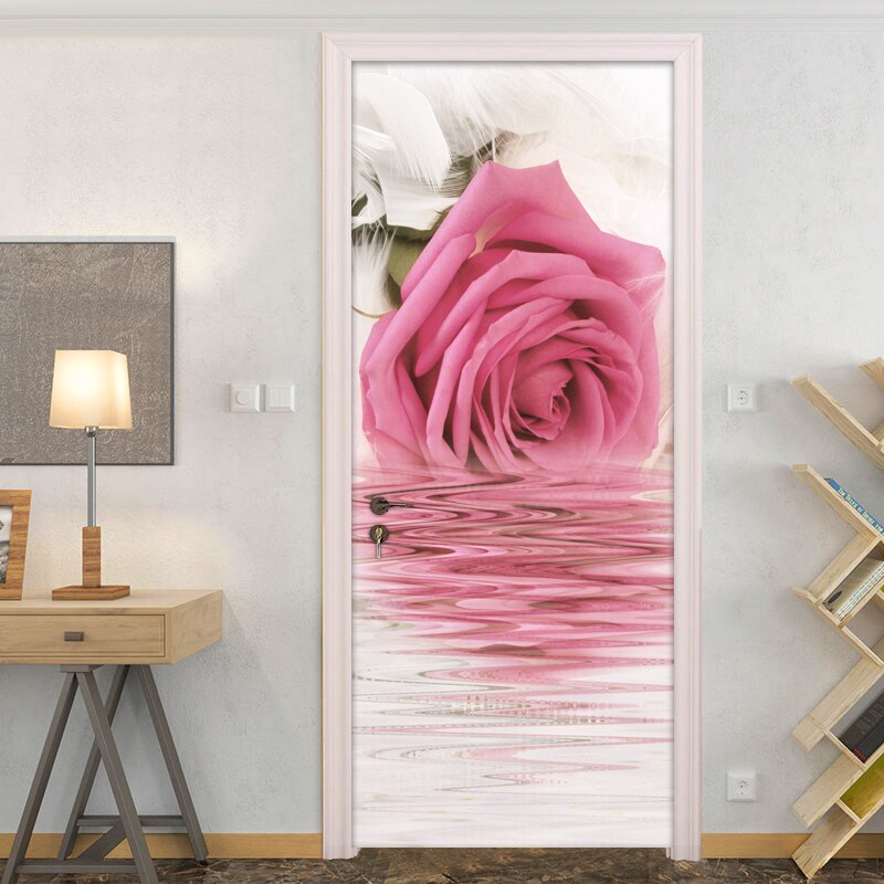 Living Room Pink Rose Flower Door Sticker PVC Waterproof Self-adhesive Bedroom Bathroom Door Mural Poster Wall Papers Home Decor: 77x200cm