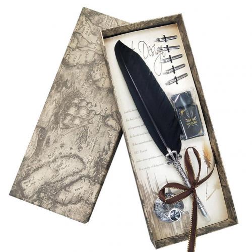 Luxe Vintage Veren Pen Retro Engels Kalligrafie Quill Dip Vulpen Met 5 Penpunten Briefpapier Kantoor Schoolbenodigdheden: Pure Black