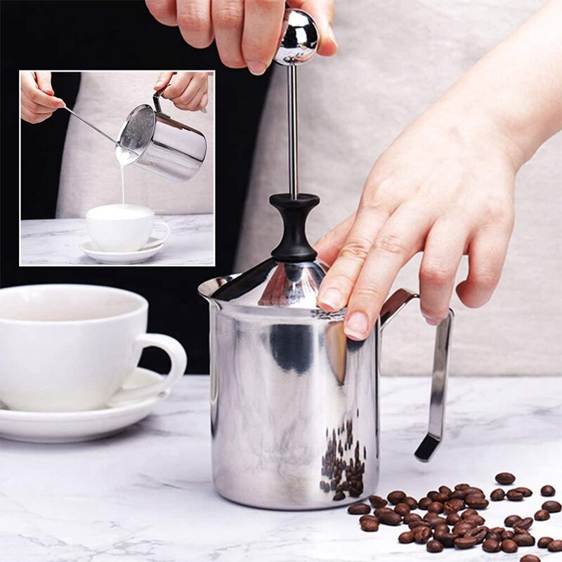 500Ml Stainless Steel Double Mesh Milk Frother,Milk Frother Jug with Art Pen&Thermometer,for Cappuccino and Coffee Latte