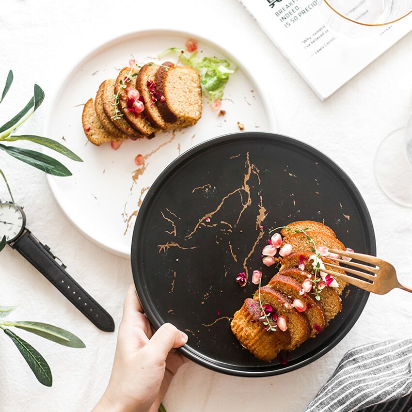 8-inch Porcelain Dinner Plates, Marble Pattern Round Serving Plate for Pasta, Snack, Dessert and Salad, White, Black