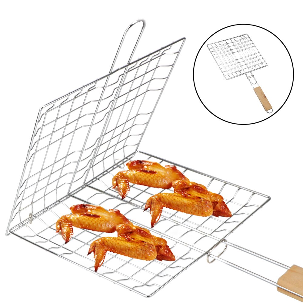 Rvs Barbecue Grillen Mand Clip Inklapbare Bbq Grill Mesh Herbruikbare Houten Handvat Vlees Vis Clip Houder