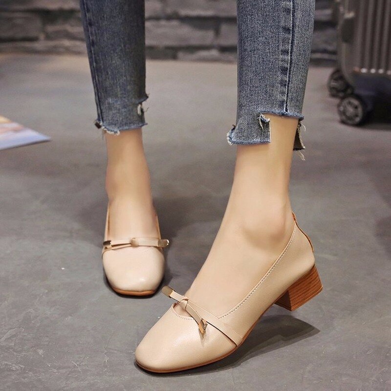 Vår höst fritidsskor rosett knut fyrkantig mellanklack kvinnor skor kvinna slip on rund tå dam skor plus size