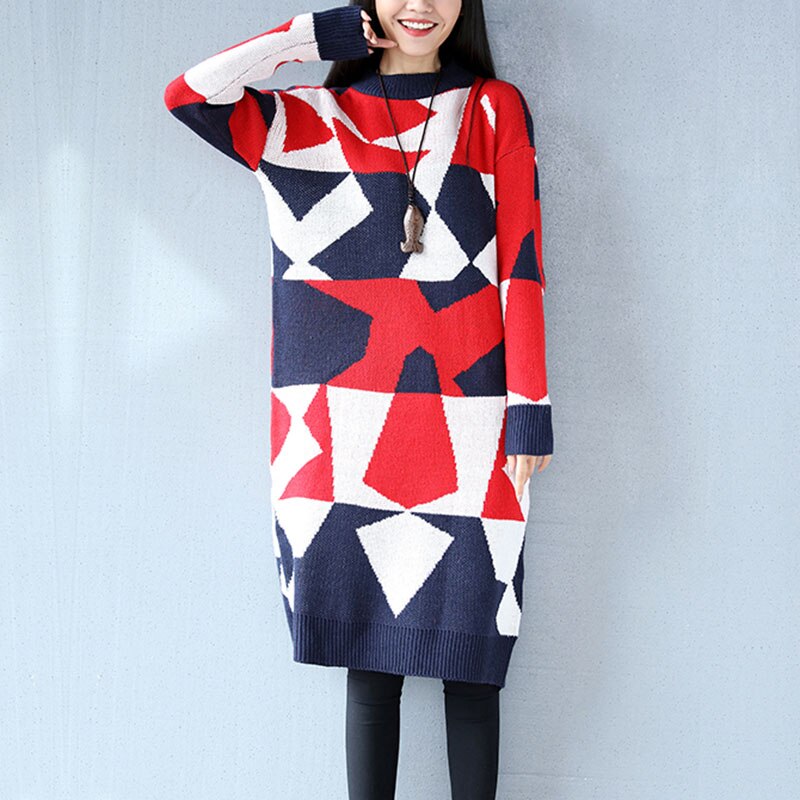 Spring Knitted Sweaters Dresses Vestidos Women Geometric pattern O-Neck Long Sleeve Loose Winter Casual Dresses FP0277: Red