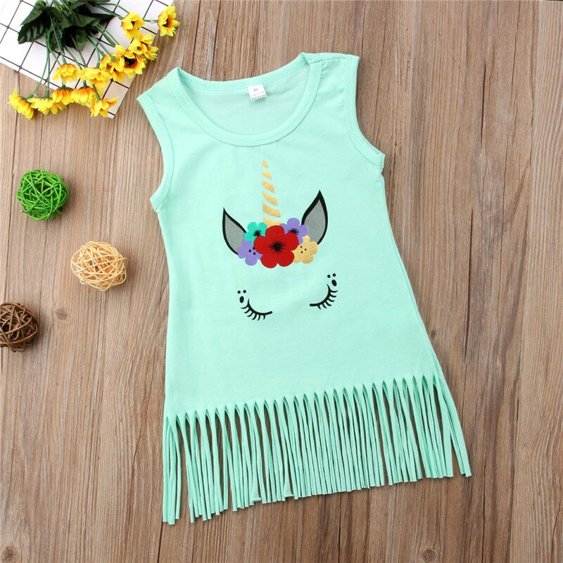 Summer Cute Unicorn Cotton Dress Toddlers Girls Tassel Party Birthday Princess Casual Dresses Kids Clothing Aged 1-6Y