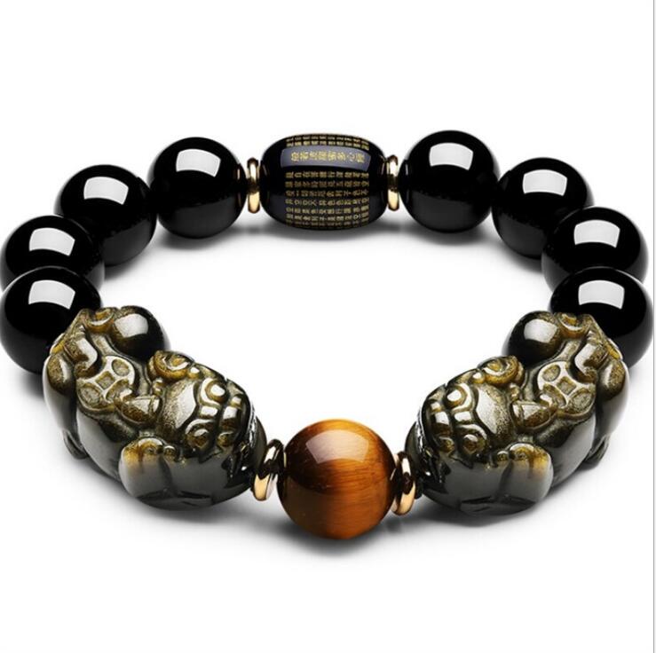 Natuurlijke Mexico goud obsidiaan dubbele PI xiu armband dubbele een dollar bixie mannelijke stijl prachtige carving hand string