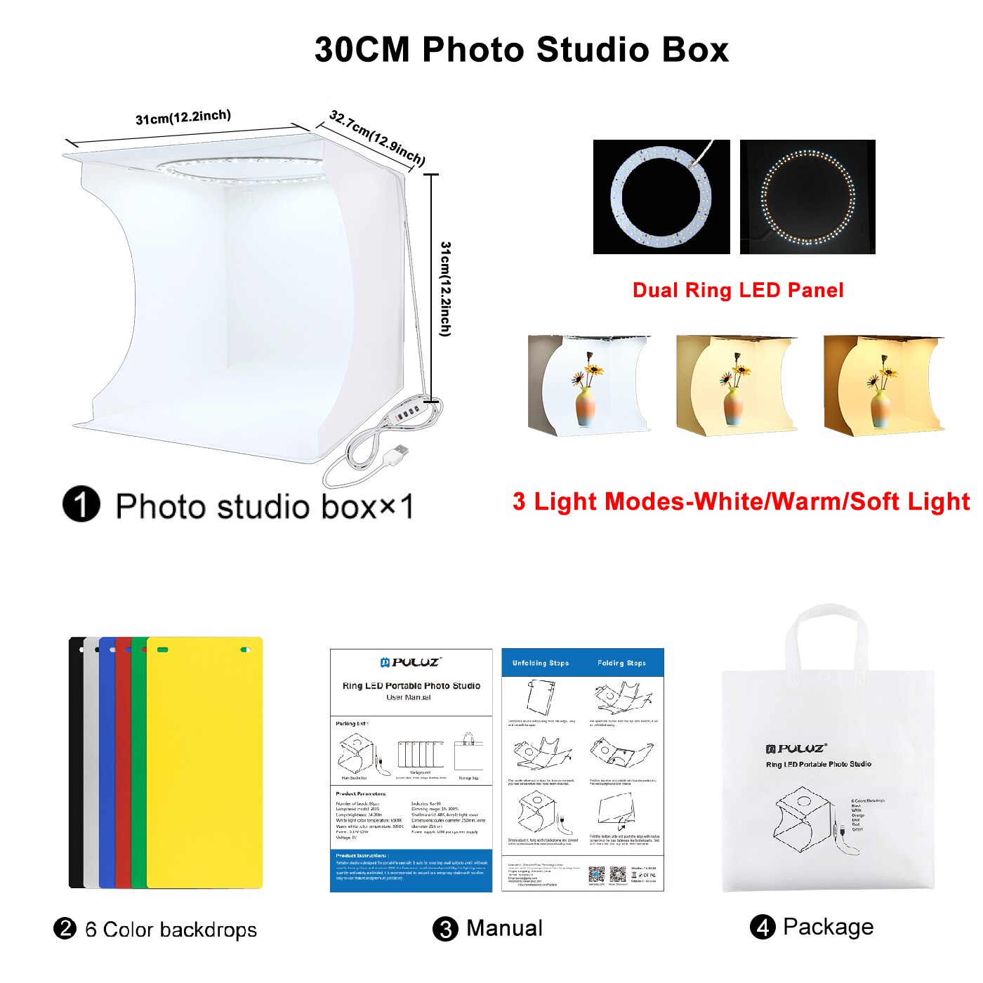 Puluz Mini Photo Studio Box Ring LED Photo Lightbox Photography Studio Shooting Box Box Kit e 6 fondali colorati Photo Softbox: 30cm Ring LED