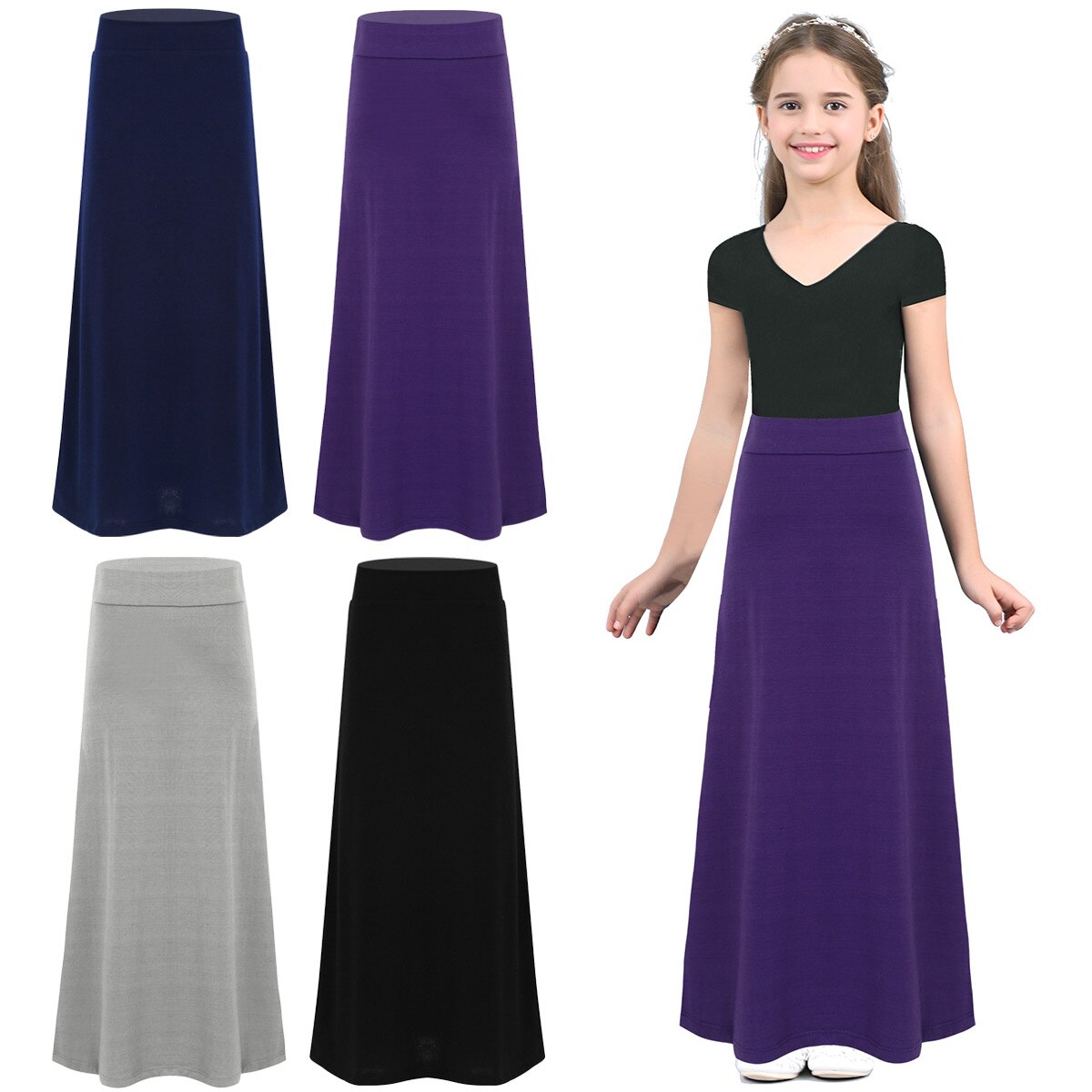 iiniim Kids Girls Solid Color Stretchy Lightweight Maxi Skirt for Casual Party School Summer Skirts Parties Clohing for Child