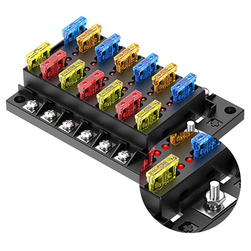 12 Way Car Fuse Box Fuse Holder With LED Indicators 10pcs Terminal Fuse Holder For Car And Ship Applications 12V 24V