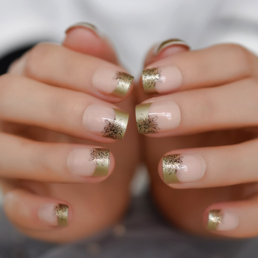 Pattern French Nails Nude Square Short Nails Gold ... – Vicedeal