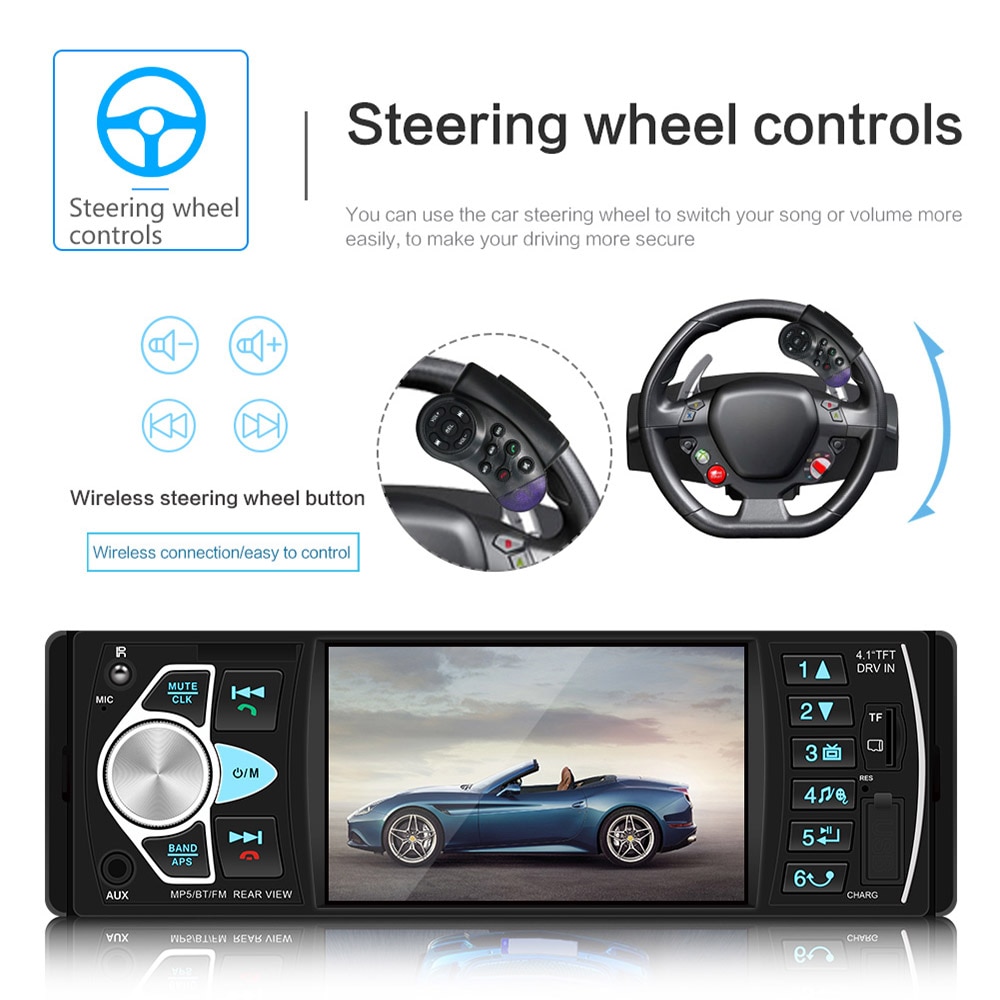 Autoradio stéréo 4.1 "HD, grand écran 4022D, Bluetooth, mains-libres, Bluetooth, lecteur électronique MP5, noir, pour voiture