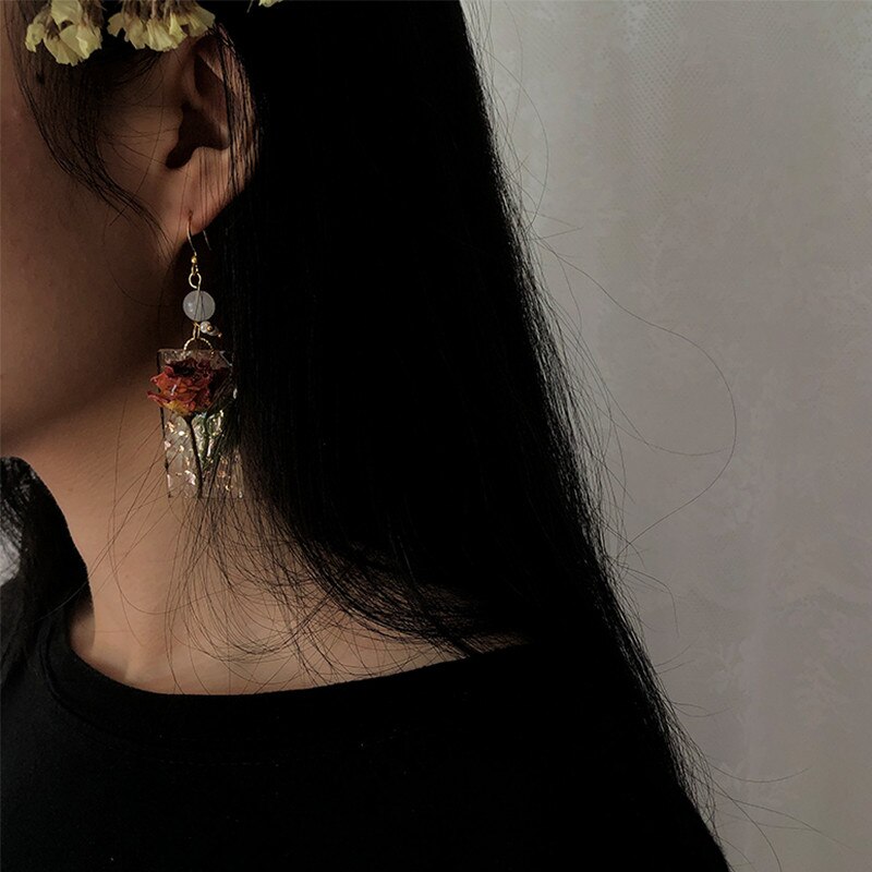 AOMU, pendientes de rosas naturales barrocas dulces, pendientes largos de perlas de hoja de oro Vintage, pendientes de flor eterna epoxi para de chica y mujer