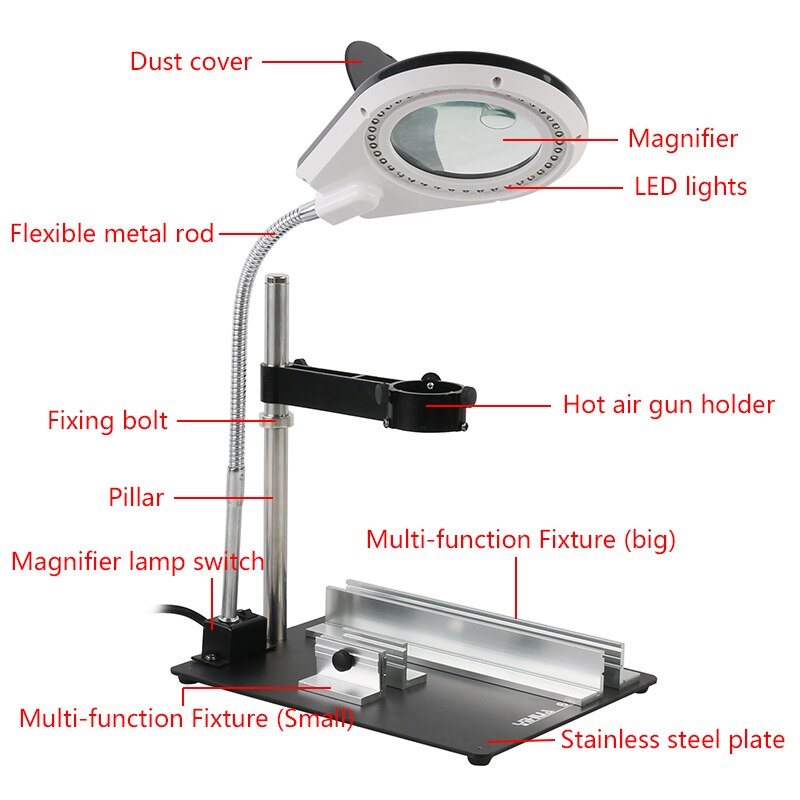 3 in 1 Metal Video Microscope Camera Table Stand Holder + LED Illumination Lamp 8X Magnifying Glass + Magnetic PCB Fixture Clamp