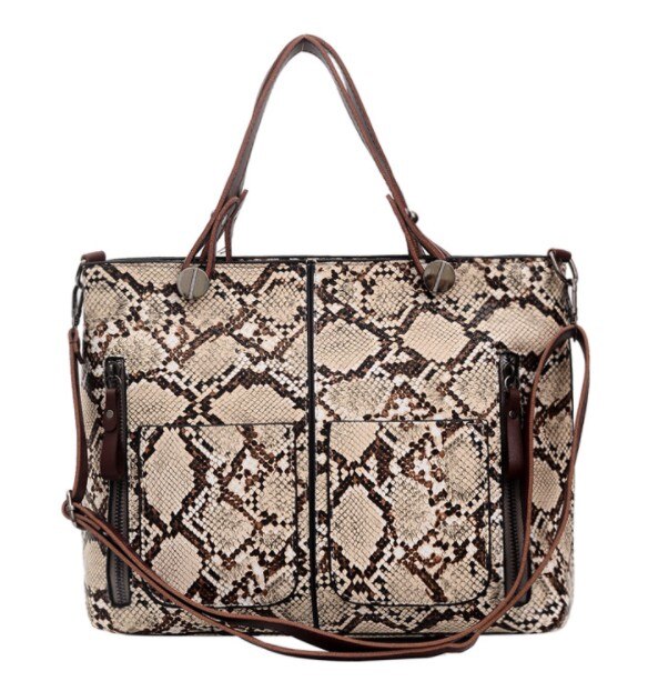 Slangenprint dames schoudertas europees amerikaans eenvoudig grote tote slang tas grote handtas: Khaki