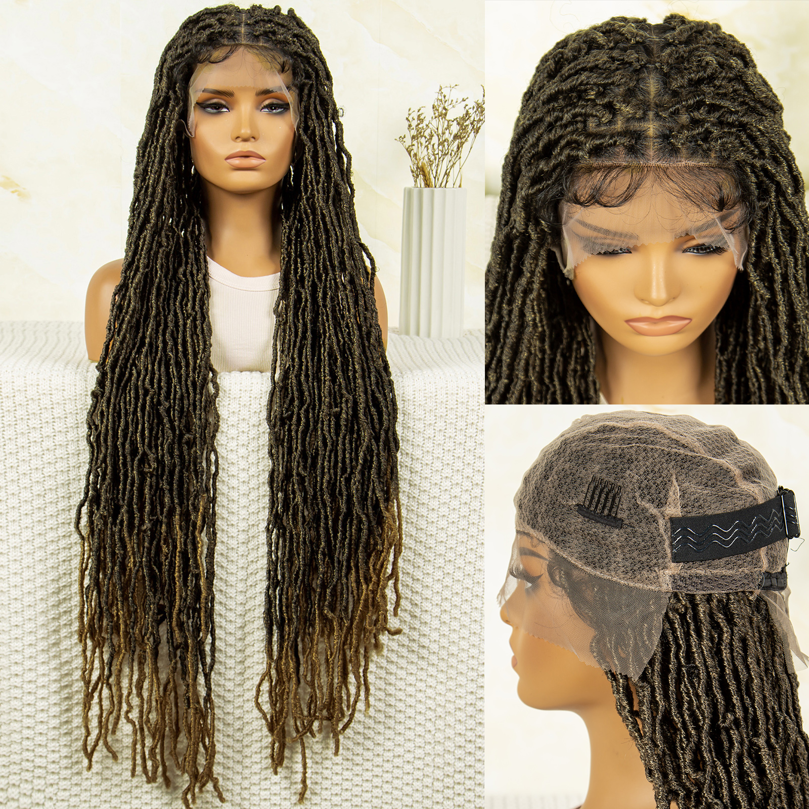 Pelucas trenzadas de caja roja, peluca trenzada de encaje completo, peluca con trenzas de ganchillo para mujer, peluca de encaje de 36 pulgadas, peluca trenzada trenzada sin nudos: Gris