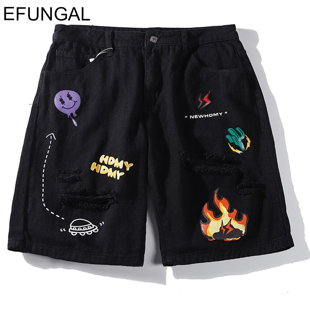 Harem Shorts Men Lightning Flame Print Hip Hop Knee Length Ripped Hole Streetwear Summer Denim Pockets Beach Shorts