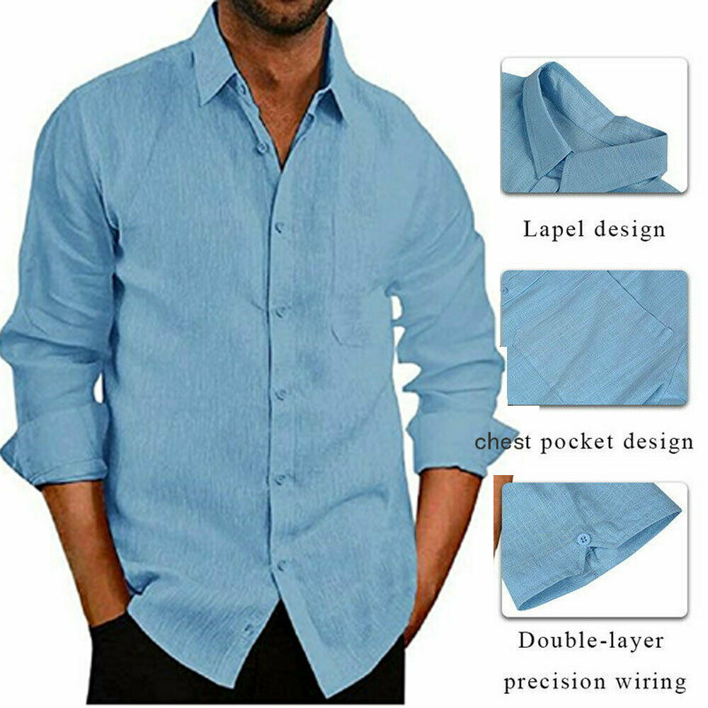 Plus size 2xl tunika herreskjorte solid lin basic knapp casual lin bomull langermede v-hals skjorter menn sommer topper