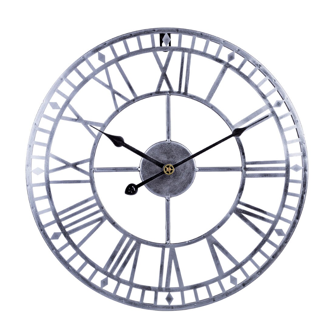 24 Inches 60cm Iron Hollow Wall Clock Roman Numerals Silent Wall Clock Hanging Clock Home Decor - Black: silver