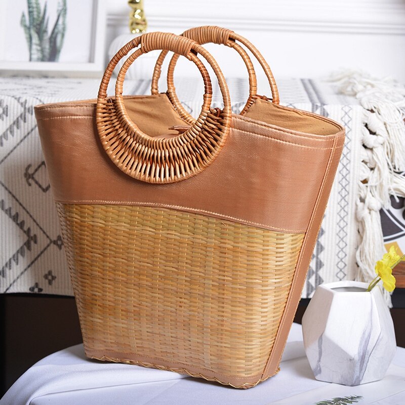 Grote Capaciteit Bamboe Geweven Handtas Mode Grote Winkelmandje Tas Vrouwen Handgemaakte Rotan Zak Cirkel Handvat Retro Strandtas