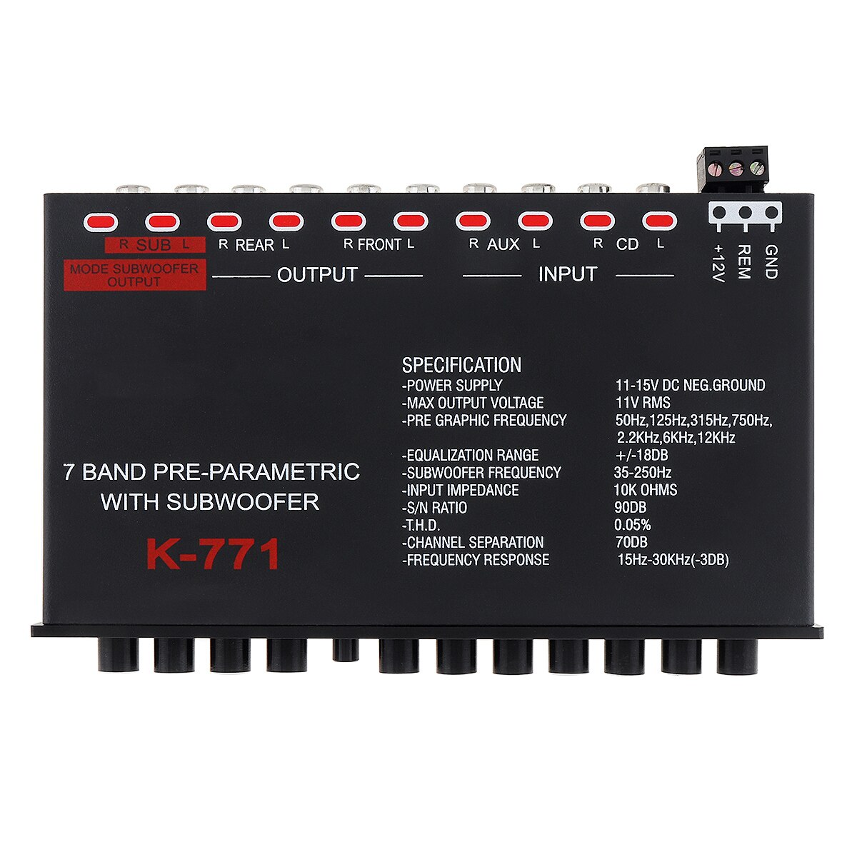 Égaliseur Audio de voiture à 7 bandes, fréquence d&#39;égaliseur réglable, entrée RCA pour appareils portables + sortie Subwoofer