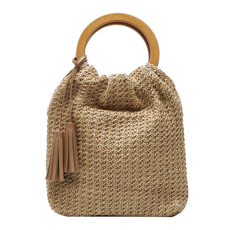 #39 dameshandtas zomer stro strandtas bohemian dames netvak holle ronde handgreep tote met hout