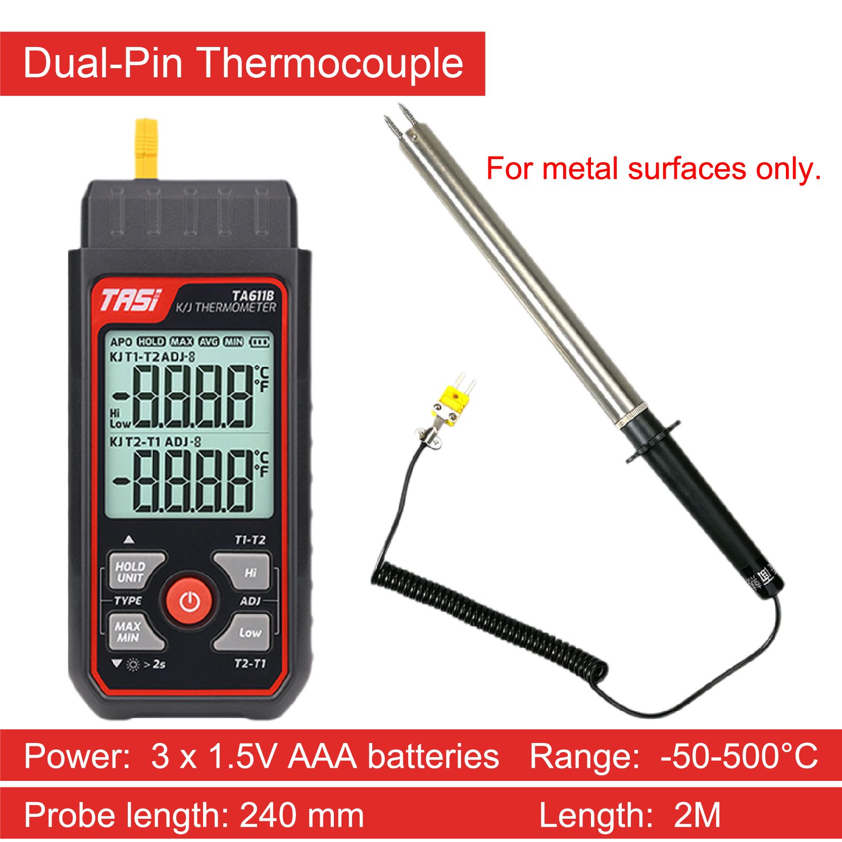 TA611A Single Channel K Type Thermocouple Thermometer High Precision Digital Surface Temperature Gauge with Contact Probe
