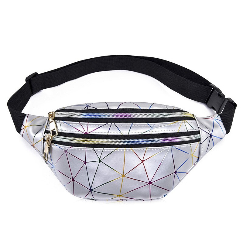 Vrouwen Taille Tas Lederen Fanny Pack Hoge Capaciteit Banaan Tassen Straat Hip Hop Geruite Pack Crossbody Tassen Nier pouch: Silver   Waist pack