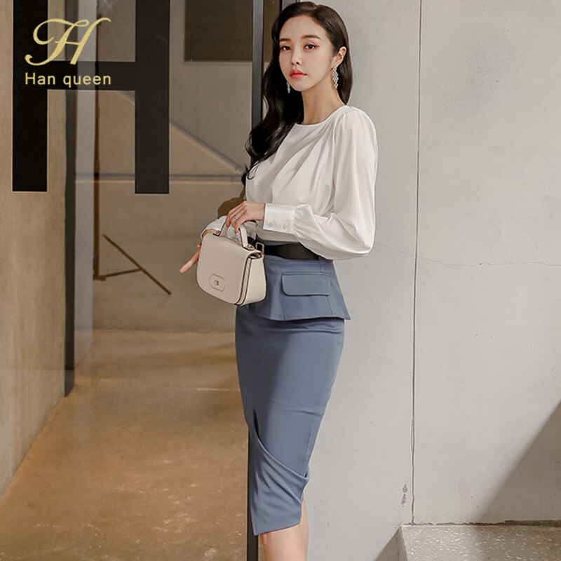 H han dronning 2 deler sett kvinners folder kontur topp og høy midje delt slire blyant skjørt koreansk elegant kontor dame skjørt dress