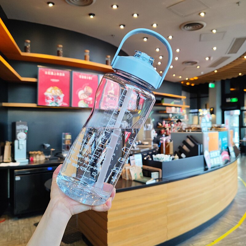 2L Grote Capaciteit Waterfles Met Tijd Marker Portable Bpa Gratis Stro Cup Lekvrij Drinken Fles Outdoor Sport Fitness Jug: Blue