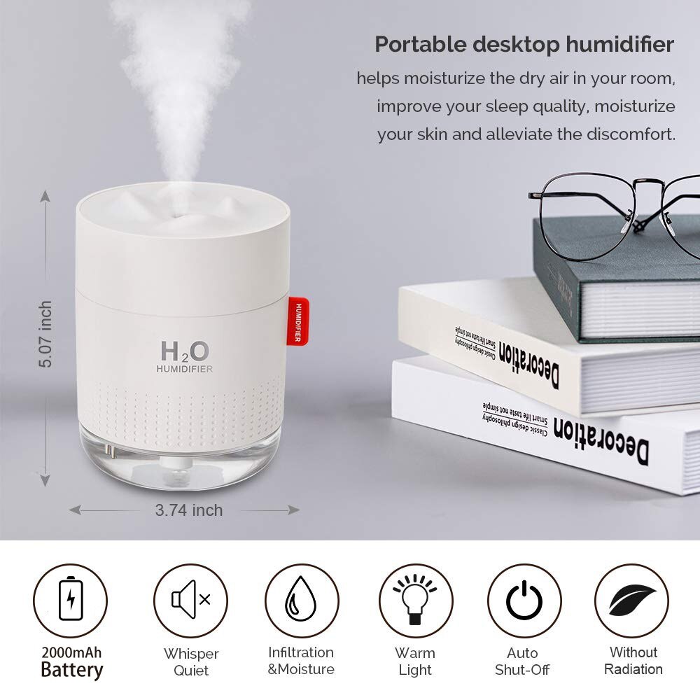 Rechargeable Mini Humidifier,2000mAh Battery or USB Operated, 500ml Water Tank Warm Light, for Car,ravel,Office,Desktop gagets