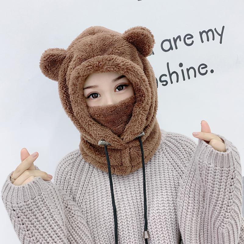 Winter Cute Selling Cute Bear Ears Warm Hat Windproof Neck Scarf Cap Student Women Children Plus Cashmere Cap: adult Brown