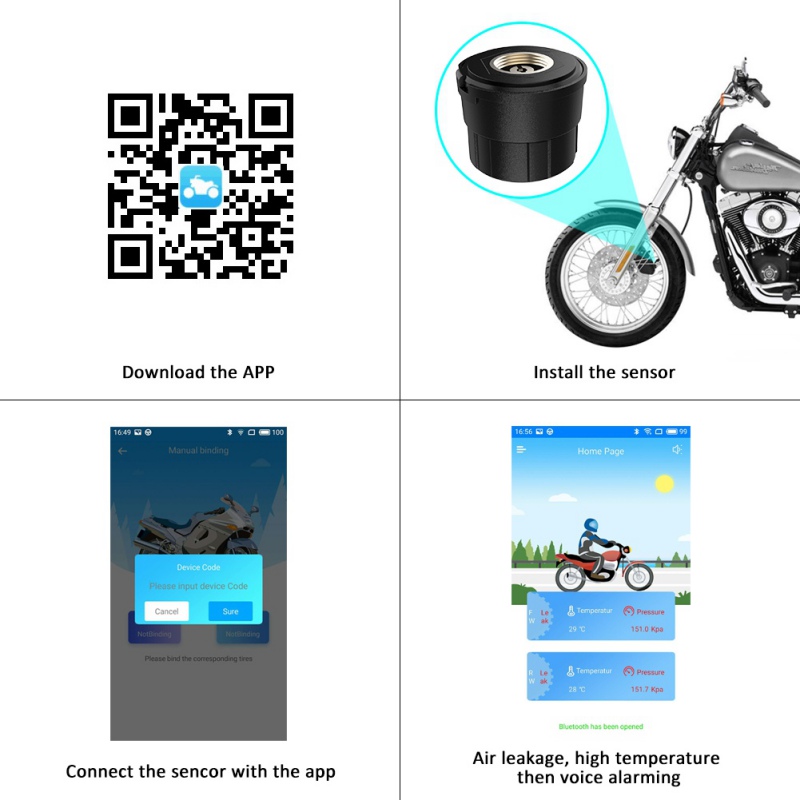 Motorcykel Dæktrykssensor TPMS Bluetooth 4.0 til Android/iOS Telefon
