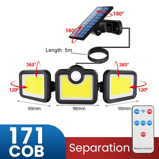 Solar Led Light Outdoor Lighting 3 Head Motion Sensor Wide Angle Illumination Super Bright Waterproof Remote Control Wall Lamp: Separation-171 COB