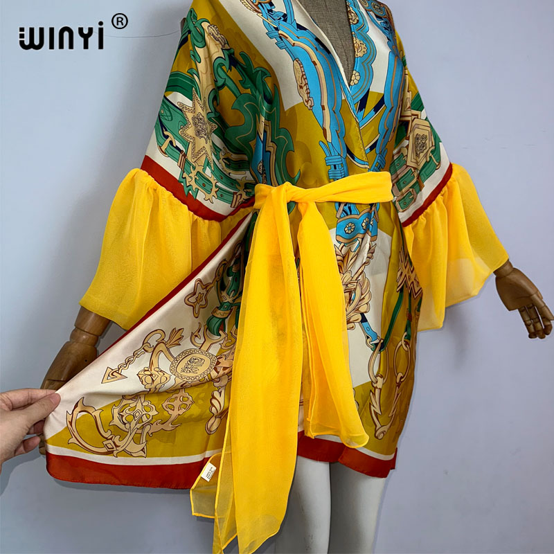 Winyi Kimono Bohemia Print Zelf Ceinted Jurk Vrouwen Elegante Zomer Bubble Mouw Vest Strandkleding Zwempak Cover Up