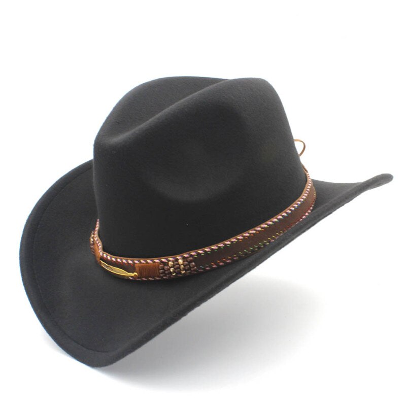 Menns ull vestlig cowboyhatt til herre dame vinter høst jazz cowgirl cloche sombrero caps med belte: Svart
