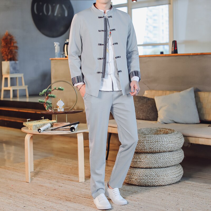 Plus size mænd formel blazer herre slim fit knap tunika jakkesæt sæt ren farve kinesisk stil blazer jakke og bukser