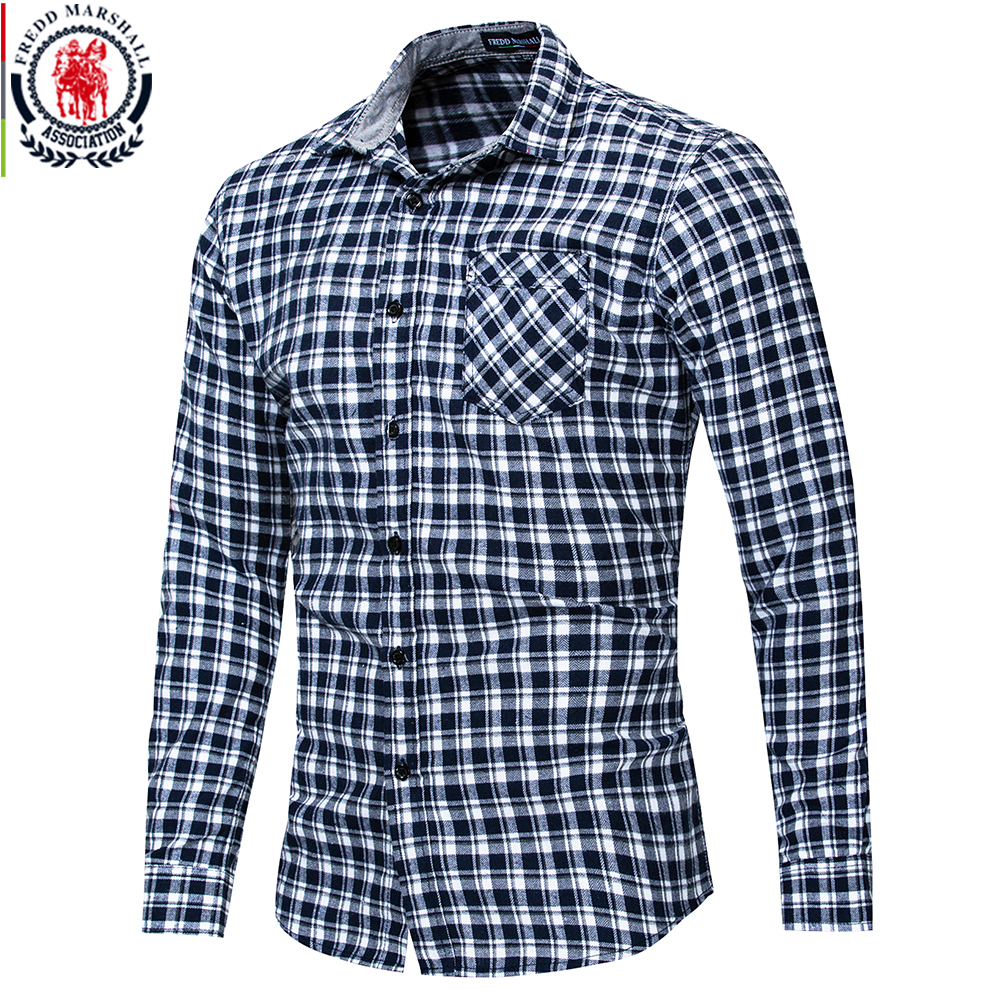 Fredd Marshall Autumn Long Sleeve Casual Plaid Shirt Men Cotton Button Down Regular Dress Shirts Male Brand Clothes 170