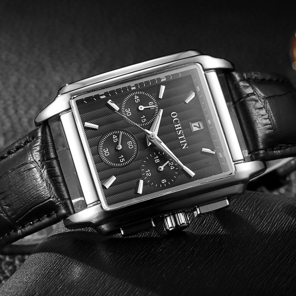 OCHSTIN , reloj cuadrado de cuarzo negro para hombre, reloj de negocios de de lujo, Reloj analógico con correa de cuero para hombre, reloj con cronógrafo