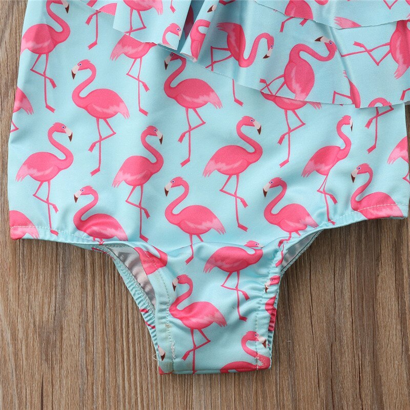Baby Meisje Flamingo Gedrukt Bikini Pasgeboren Baby Dubbele Schuine Schouder Kraag Romper Ruche Een Stuk Badpakken Outfit