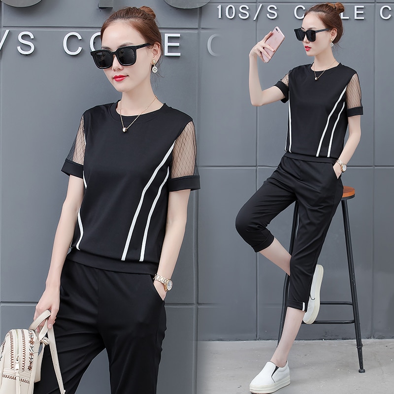 Set Korean loose sweatshirt & capris big yards leisure summer two-piece clothing set women outfit white black