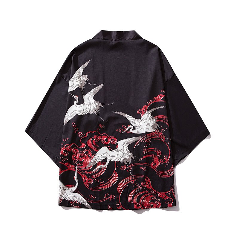 Gonthwide harajuku krantryk japansk stil kimono cardigan haori jakker streetwear afslappet åben frontfrakker hip hop jakke: L