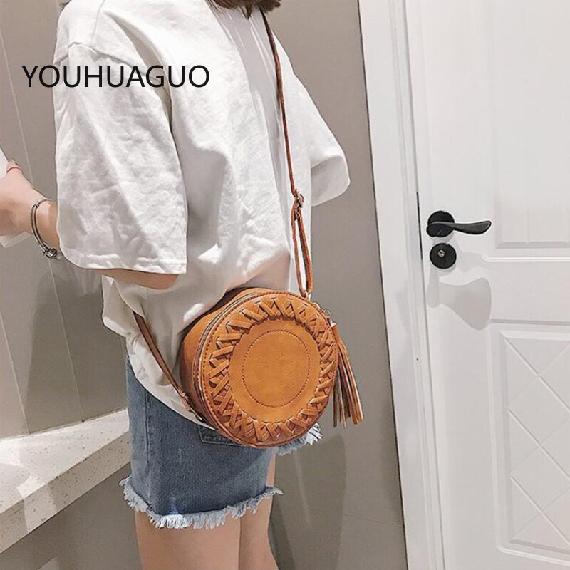 YOUHUAGUO Women shoulder bag round Weave bag female handbag small crossbody bags for Girls PU leather tassel purse