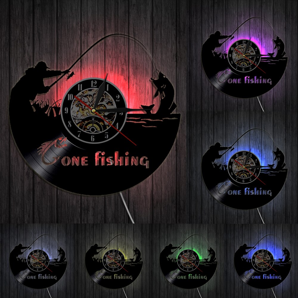 Gone Fishing Fish Rod Wall Clock Fisherman Home Decor Fishing Vinyl Record Wall Clock Timepieces Handmade For Fishermen: With LED